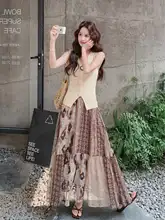 体型を美しく見せる！透かし編みニットタンクトップ【民族風・シフォンプリント・スカート付き】（セットアップ対応）