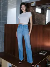 薄手のハイウエストストレートデニムパンツ【浅い青・レギュラー丈・夏用・極上の柔らかさ】