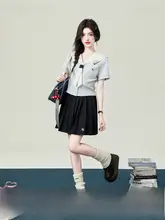 セーラーブラウス レディース 半袖 セーラーカラー 水色 制服風 スクールスタイル セットアップ