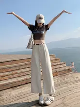 夏季必見！杏色 バギーデニムパンツ【ストレート・ゆったりとしたシルエット】（セットアップ対応）