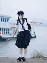 セーラー服 レディース 半袖 紺色 白二  本襟 胸当て付き 定番 セットアップ