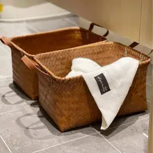 水洗い可能！レトロ風の高級フェイクラタン収納バスケット【お菓子・おもちゃ・衣類・雑貨整理用・ピクニックバスケット】