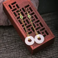 S925銀製18K金メッキイヤリング【天然和田白玉・平安扣デザイン・長くてアレルギー対応】