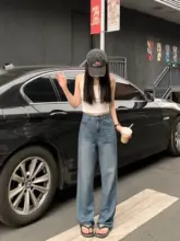 高腰デニムパンツ【ゆったりストレート・トレンドデザイン・スケール感】
