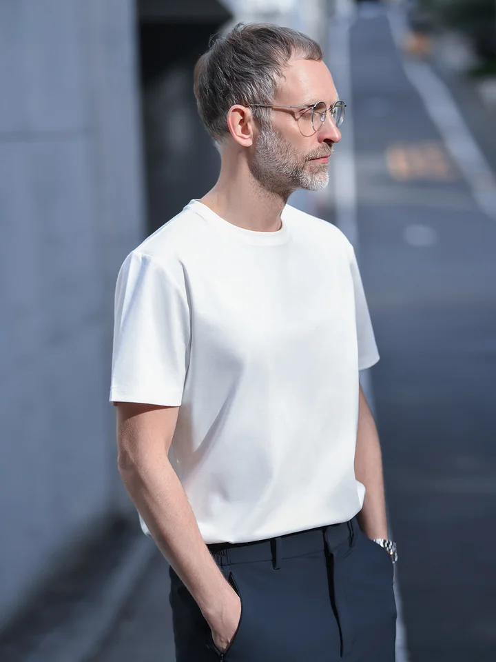 極上の柔らかさのモダールコットンシルク丸首半袖Tシャツ【ホワイト・メンズ・クルーネック】