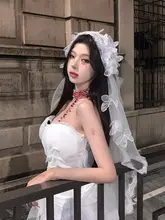 ゴシックスタイルのハロウィンコスチューム用レースヘッドアクセサリー【蝶モチーフ・女性用・白いベール】