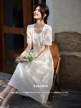 XWI エレガントな立体刺繍の夏用ワンピース【ウエスト絞り・天絲素材・ホワイト】