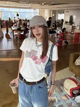 アメリカンスタイルの竹節模様プリント半袖Tシャツ【レディース・クルーネック・夏用・通気性】
