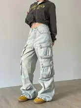 ユニセックス デニム カーゴパンツ【多ポケット・ストレートフィット・ウォッシュ加工】