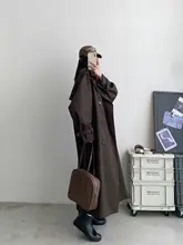 ウエストマークHシルエット春秋用シンプルロングトレンチコート【大きなカラー・バックウィンドフラップ付き】