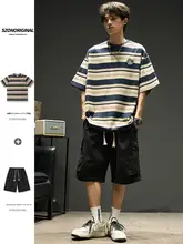 ストライプ柄半袖工装シャツとショートパンツ【夏用・カジュアル・お洒落】（セットアップ対応）