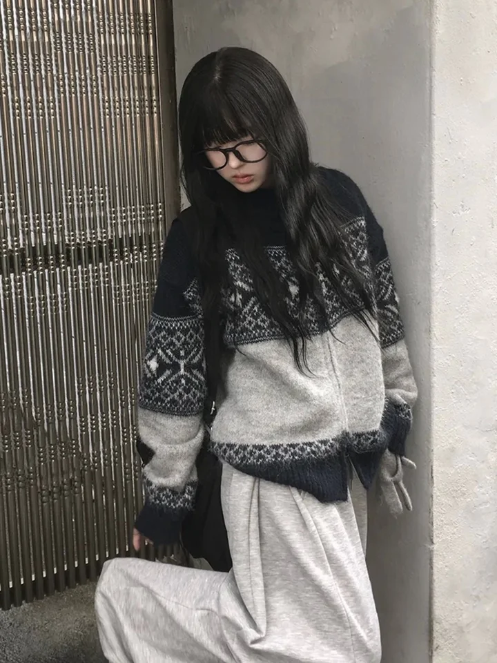 フェアアイルデザインのルーズフィットニットジップカーディガン【柔らかな着心地】