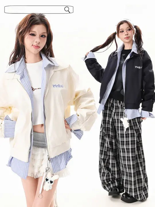 ストリートスタイル フェイクツーアイテムジャケット【女性用・ルーズフィット・春向け】（セットアップ対応）