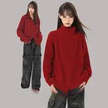 赤色タートルネックニットカーディガン【秋冬用・厚手・レディース】