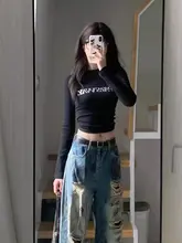 黒色の高腰ショート長袖Tシャツ【秋用・セクシー・クロップド・シンプルデザイン】