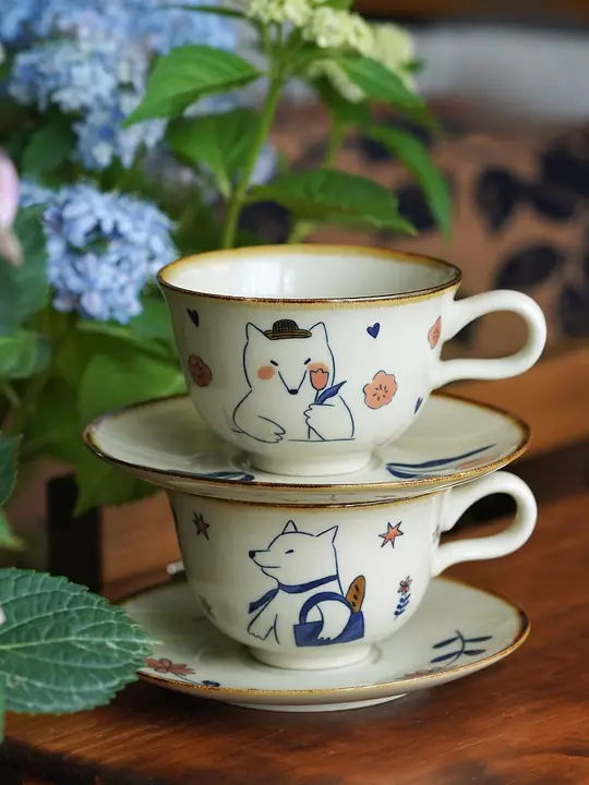 日式カートゥーンイラストの釉薬変化陶器製コーヒーカップ【アフタヌーンティー用・ラテアート対応】（セットアップ対応）