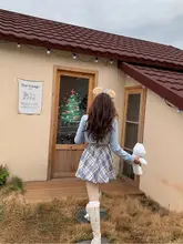 モカ小熊デザインのブルーチェック柄ワンピース【秋冬・花苞スタイル・学院風】（セットアップ対応）