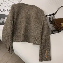 カーキ色Vネックチェック柄ジャケット【短丈・フレンチスタイル】