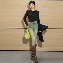 ヴィンテージ風 ブルー スキニーデニムパンツ【ハイウエスト・ダブルボタン・女性用・細見えデザイン】