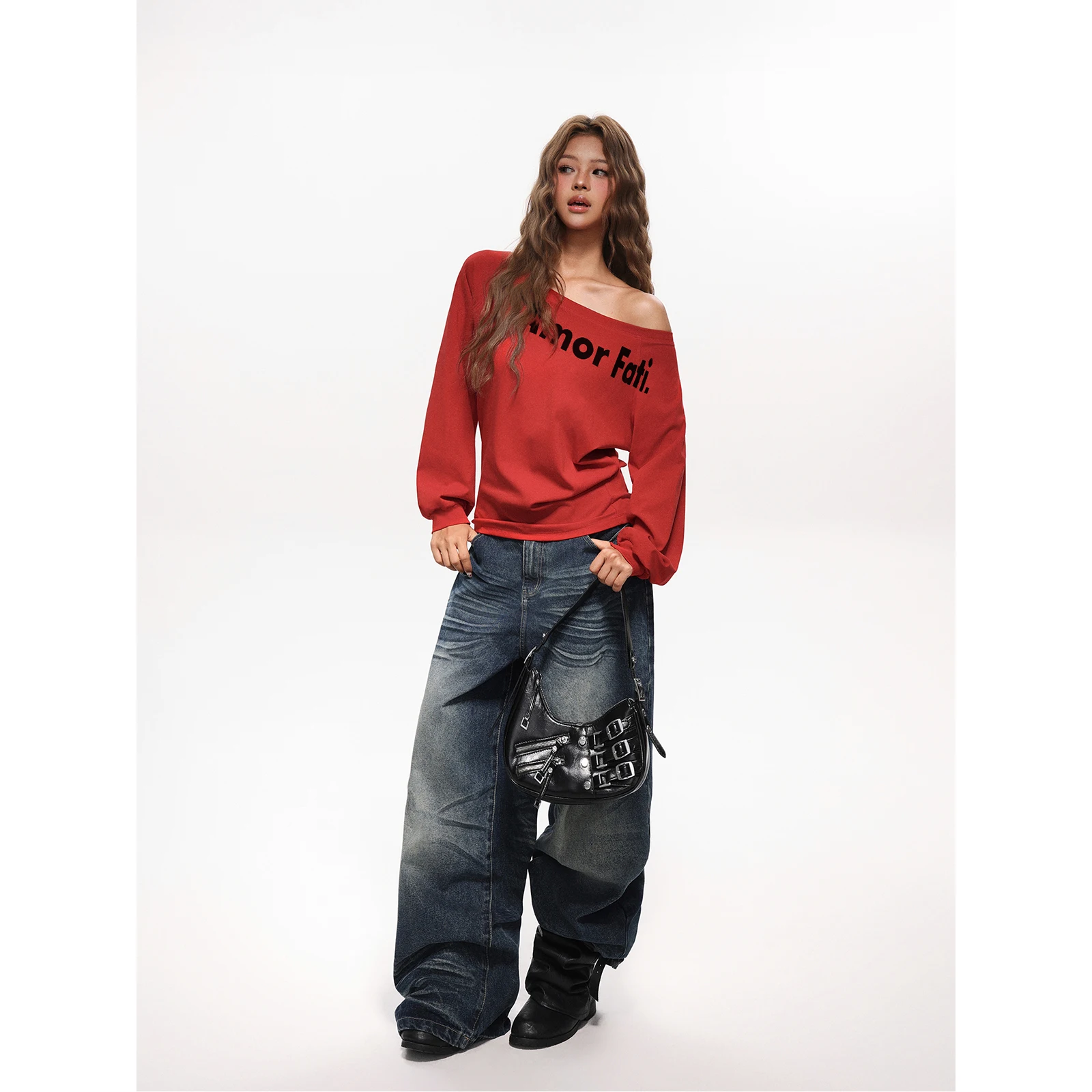 カラー切り替えオフショルダー長袖Tシャツ【秋用・女性・カジュアルデザイン】（セットアップ対応）