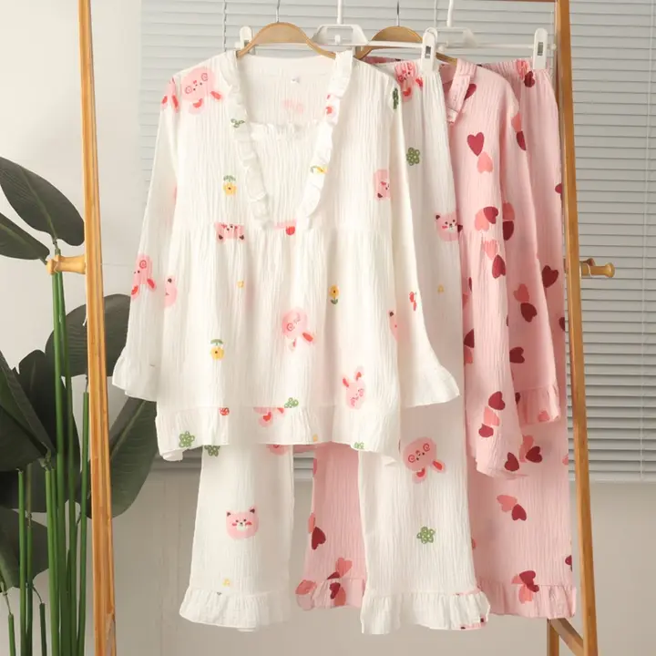 純綿二重ガーゼ長袖パジャマ【スウィートデザイン・パンツ付き・春秋用】（セットアップ対応）