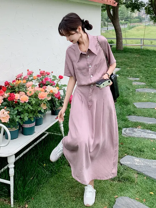 独特な美しさのピンクデニムワンピース【夏用・長袖シャツドレス】