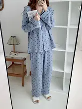 綿100%ガーゼ製 レディースパジャマセット【春秋用・印花��デザイン・2点セット】