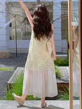 上品な刺繍のノースリーブマキシドレス【エレガント・薄手のシフォン・フレンチスタイル】