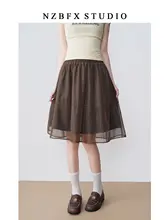 スカート レディース 大きいサイズ ぽっちゃり シフォン Aライン ゴムウエスト 着痩せ  ブラウン ミディアム丈 夏