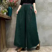 秋冬用コットンリネン刺繍入りパンツ【民族風・加毛・ハイウエスト・ゆったりワイドレッグ】（セットアップ対応）