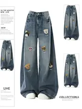 大きいサイズの刺繍入りワイドデニムパンツ【米国風・ハイウエスト・スリム効果・長ズボン】（セットアップ対応）