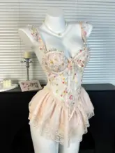 レースフラワープリントキャミワンピース【バストパッド付き・スリムフィット】
