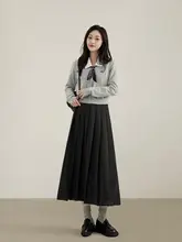 グレーのハイウエストプリーツスカート【レディース・秋春用・Aライン・ミニサイズ対応】