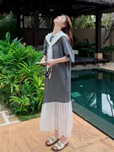 浅灰色メッシュカラー切替Tシャツワンピース【夏用・カジュアル・長袖】