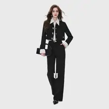 黒のデザイン職業短丈ジャケット【女性用・長パンツ・極上の柔らかさ・上品スタイル】（セットアップ対応）