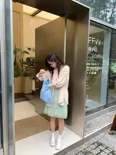 韓国風 ミントチェック柄 ハイウエストスカート【Aライン・夏用・学院風】（セットアップ対応）