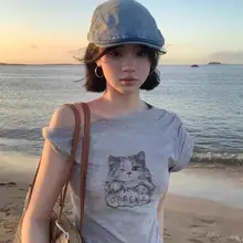 グレーのショートスリーブトップス【オフショルダー・女性用・夏用・猫デザイン】