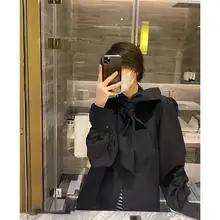 リボン付きルーズシャツ【バルーンスリーブ・春秋用・着やせ効果】（セットアップ対応）