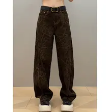 レディース 大きいサイズのレオパード柄ワイドレッグデニムパンツ【薄手・夏用・ストレートフィット】（セットアップ対応）