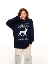 アメリカンレトロ 小犬プリントのネイビーカラー長袖Tシャツ【秋用・ゆったりシルエット・カジュアル】