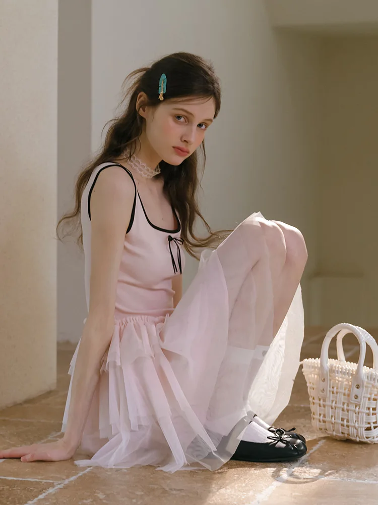 ピンクのバレリーナ風のドッキングワンピース【ニットタンクトップ・メッシュケーキスカート・夏用】（セットアップ対応）