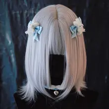 手作りもふもふウサギのリボンヘアクリップ【ブルー・ホワイト・ユニークデザイン】