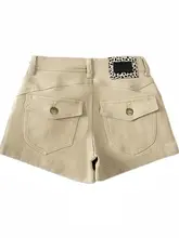 高ウエストカーキデニムショートパンツ【女性用・夏用・体型カバー効果・デザイン性あり】（セットアップ対応）