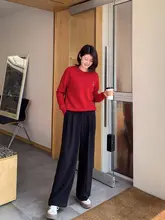 高ウエストデザインの保温雪ニットワイドパンツ【3色・ベルト付き・冬用】
