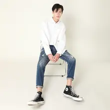 夏用 カジュアルなビンテージ風デニムパンツ【ストレート・ゆったり・膝下丈・ダメージ加工】