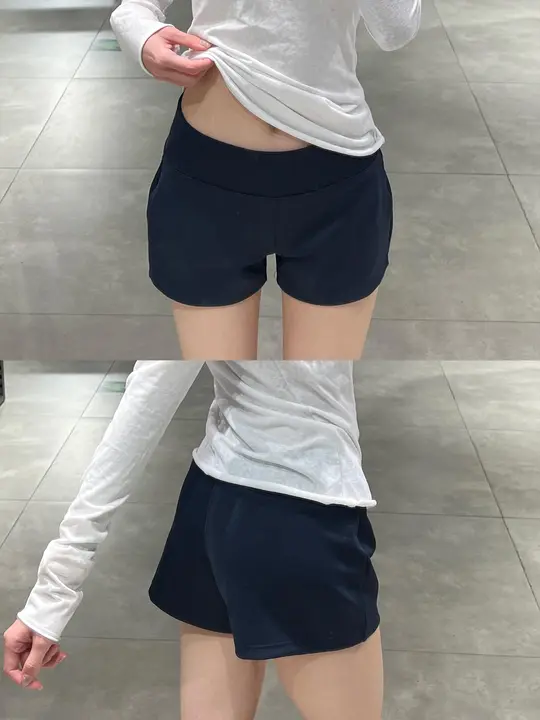 スニーカー風 藍色 レディース 低腰ショートパンツ【カジュアル・引きひも・フィット感良好】