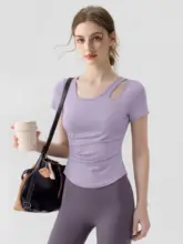 女性用 トレーニングウェア【短袖・ウエストシェイプ・速乾・胸パッド付き・フィットネス・ヨガ】（セットアップ対応）