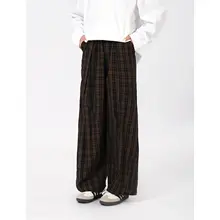 春夏用ビンテージ風カフェ色チェックストレートパンツ【男・したスタイル・ゆったり】