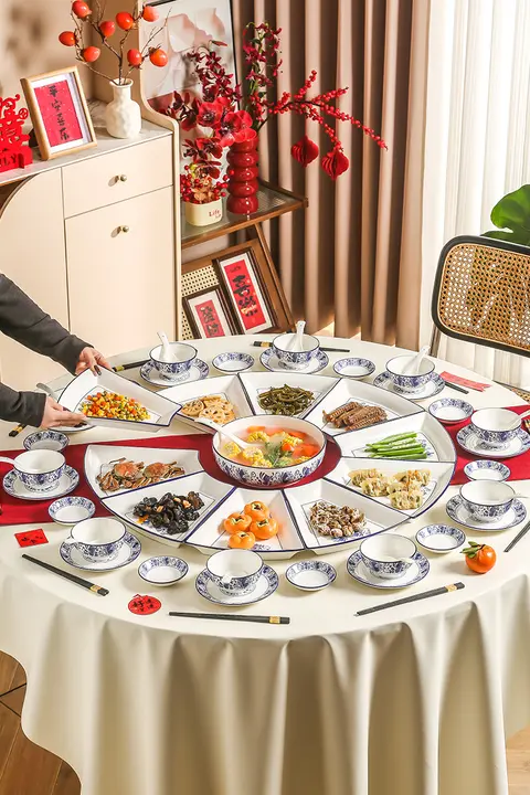 青花瓷の家庭用プレートセット【陶器製・丸テーブル用・祝い料理に最適】（セットアップ対応）