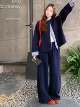 カジュアルで若返り効果のあるネイビートップス【春秋用・スタイリッシュ・広がるパンツ・二点セッ トアップ対応】